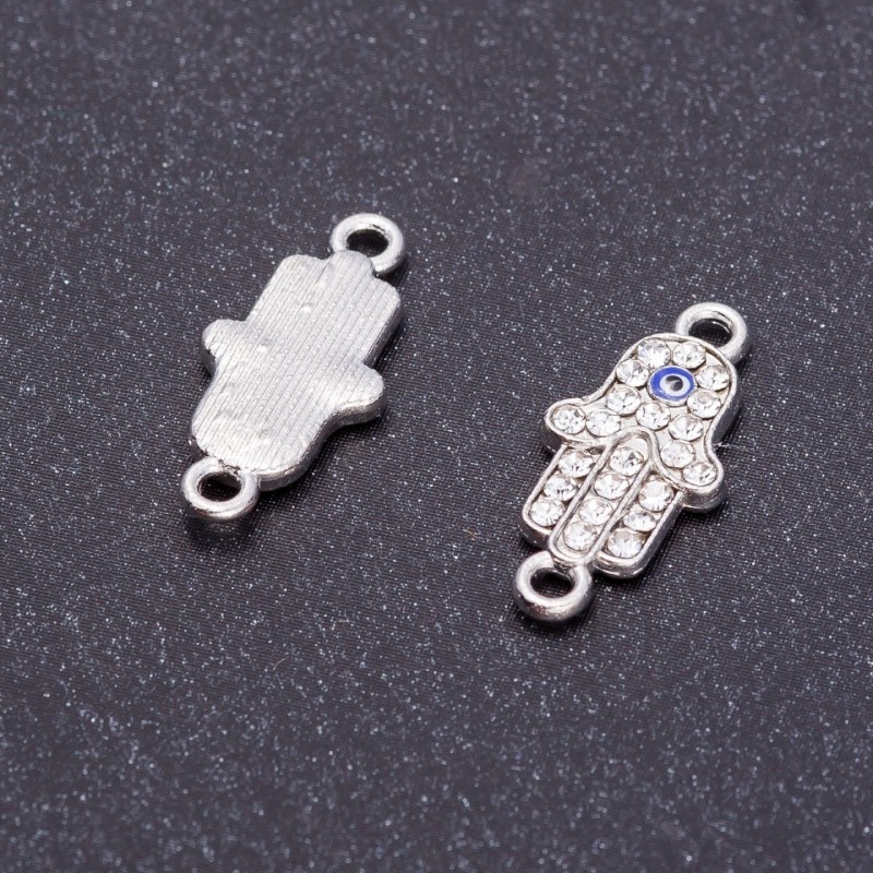 Konnektor „Handfläche des Auges“ mit Strass, silbern, Durchmesser 9 mm, Öffnung Ø, 5 mm Facette, 4 Stück