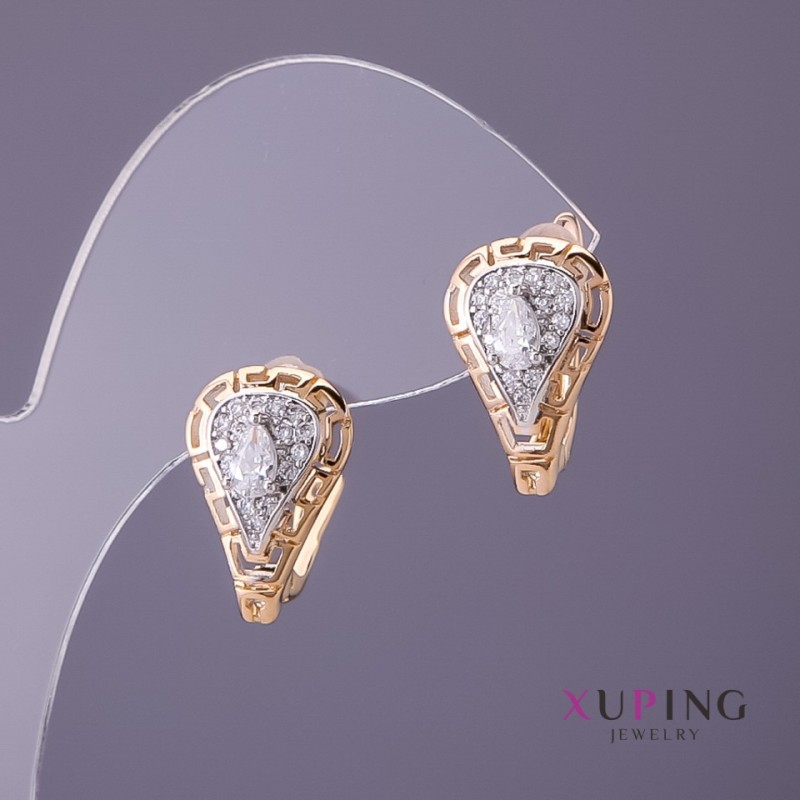 Xuping Ohrringe mit griechischem Muster und weißen Strasssteinen, Durchmesser 11 mm, Länge 18 mm, goldfarben