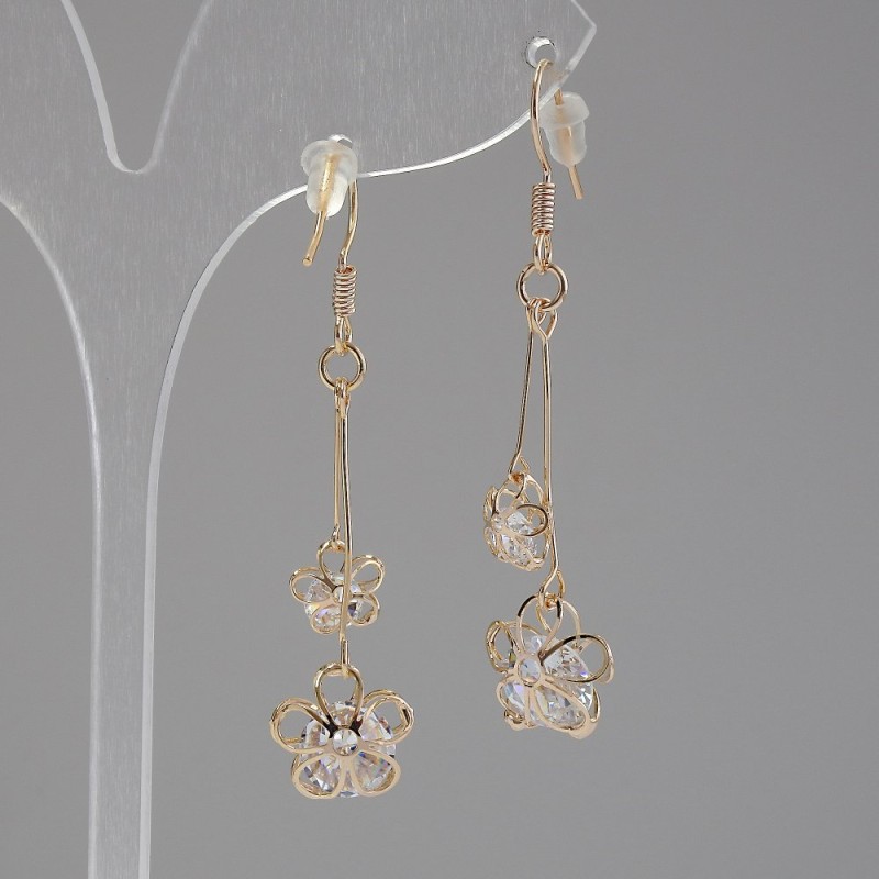 Ohrringe „Itajolao“ Blüten mit Kristallen, Durchmesser 12 mm, Länge 55 mm, goldfarben