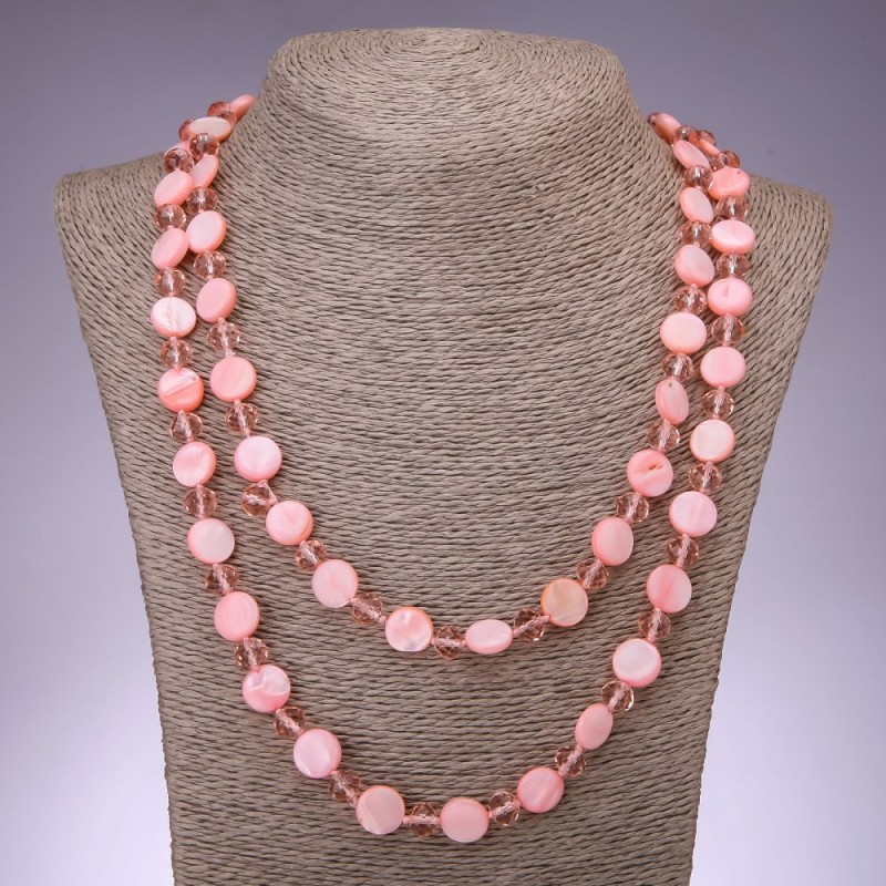 Lange Halskette aus rosa Perlmutt, Münzform, 120 cm