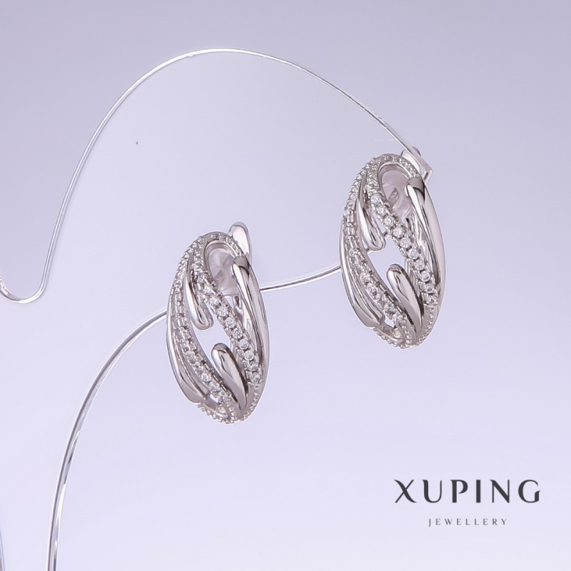 Ohrringe Xuping mit weißen Pavé-Steinen, rhodiumbeschichtet – Länge 18 mm, Dicke 9 mm
