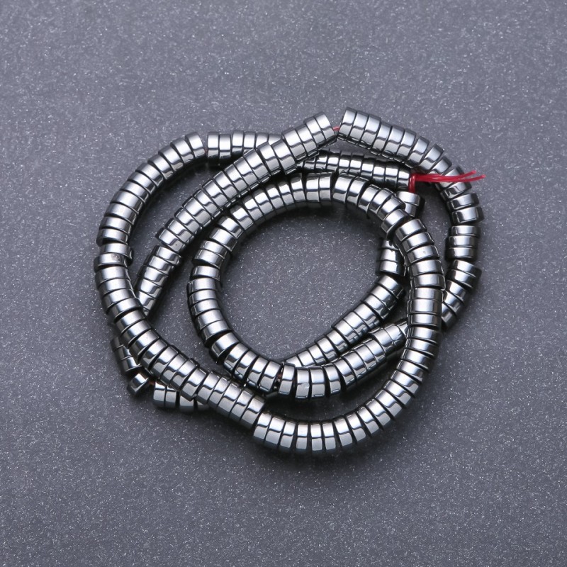 Hämatit-Perlen Rondell glatt, 6×2 mm, Bohrung 5 mm, Länge 40 cm