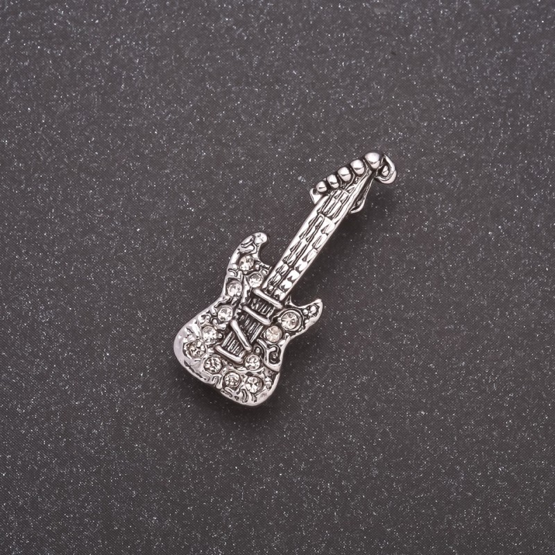 Brosche Gitarre Mini in Strasssteinen, graues Metall, 28×10 mm