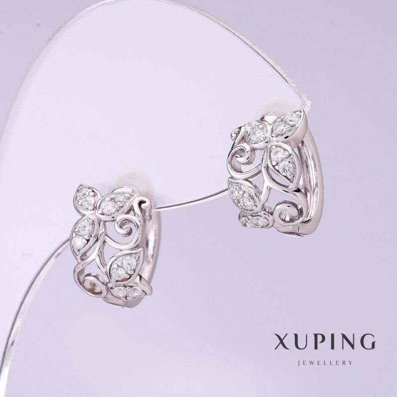 Ohrringe Xuping mit weißen Strasssteinen, 8 mm Durchmesser, 12 mm Länge, rhodiumbeschichtet