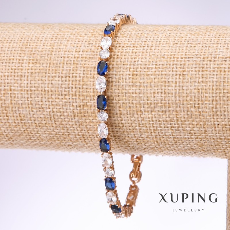 Xuping-Armband mit weißen und blauen Steinen, Dicke 4,5 mm, Länge 18–21 cm, Vergoldung 18 Karat