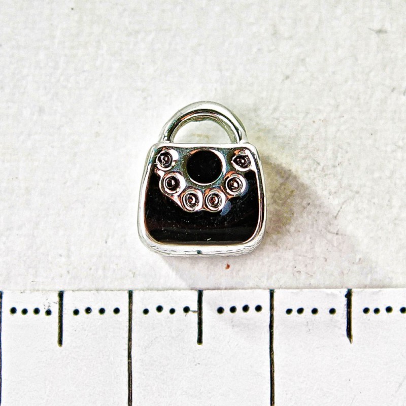 Perle-Schmuckanhänger Pandora Tasche hellgraues Metall, schwarze Emaille, 10 mm, 6 Stück