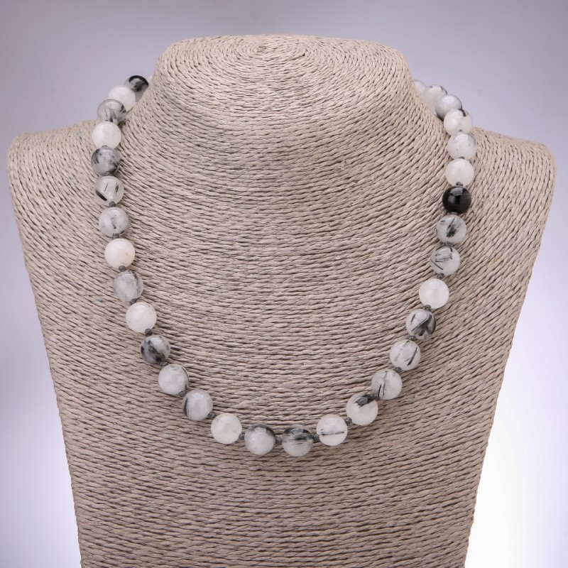 Kette aus natürlichem Haarquarz (Rutilquarz) – glatte Kugeln, Durchmesser 10 mm, Länge 48 cm