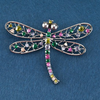Brosche Libelle in bunten Strasssteinen, graues Metall, 70×52 mm