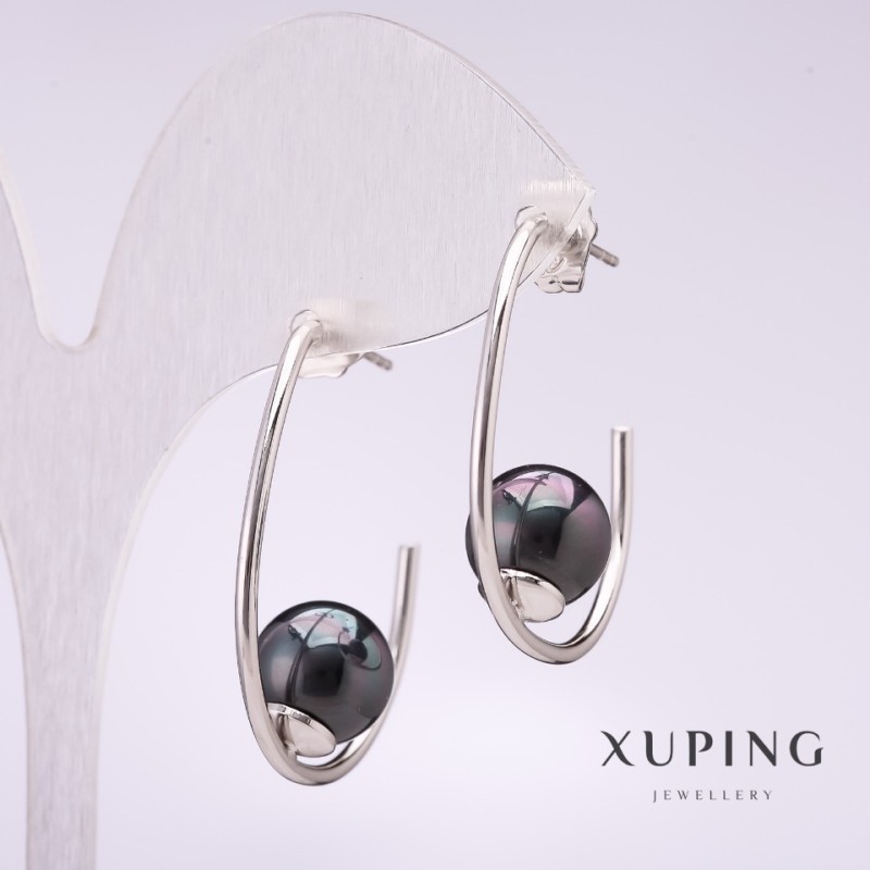 Xuping Ohrringe – Klemmverschluss mit schwarzer Mallorca-Perle, rhodiniert, 33 × 10 mm