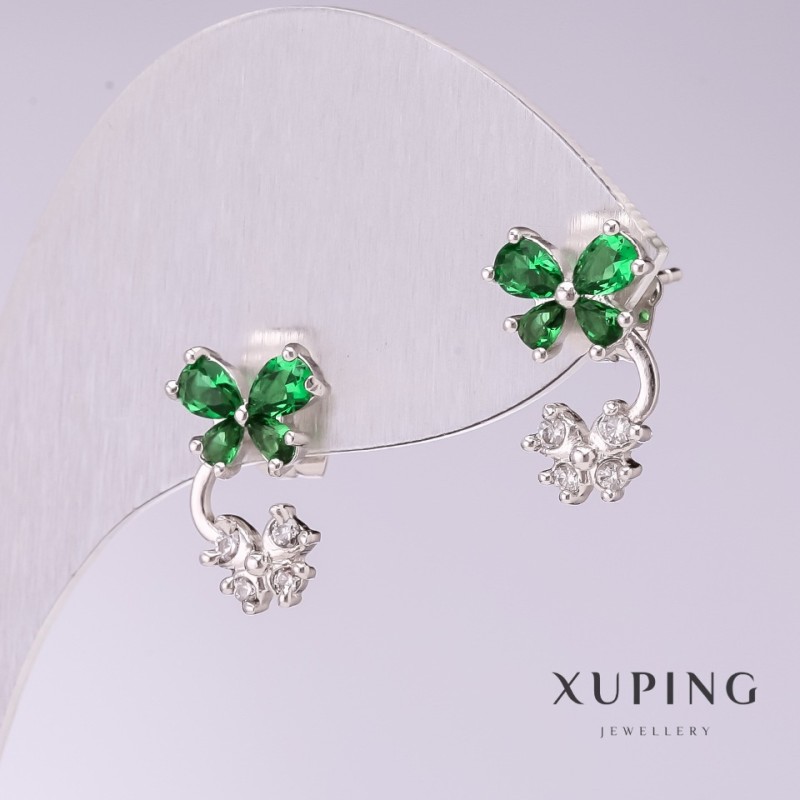 Ohrringe Xuping «Schmetterlinge» mit grünen Steinen, 15×9 mm, Rhodiumbeschichtung