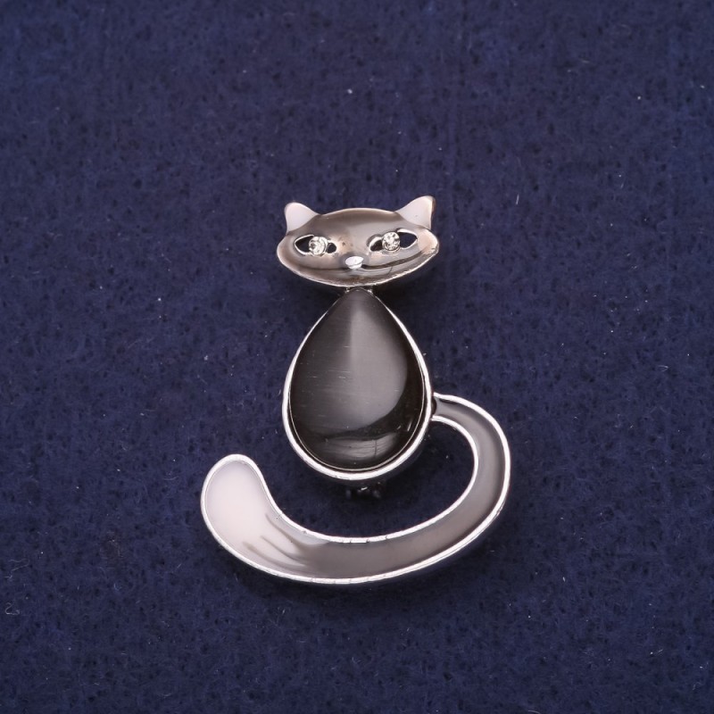Brosche Kätzchen mit Emaille – Katzenauge – schwarz – 39 × 30 mm – silberfarbenes Metall