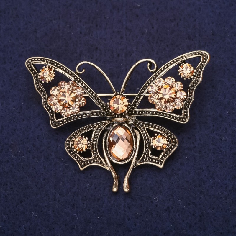 Brosche Schmetterling mit Strass in Champagnerfarbe, 54 × 40 mm, aus Gelbmetall