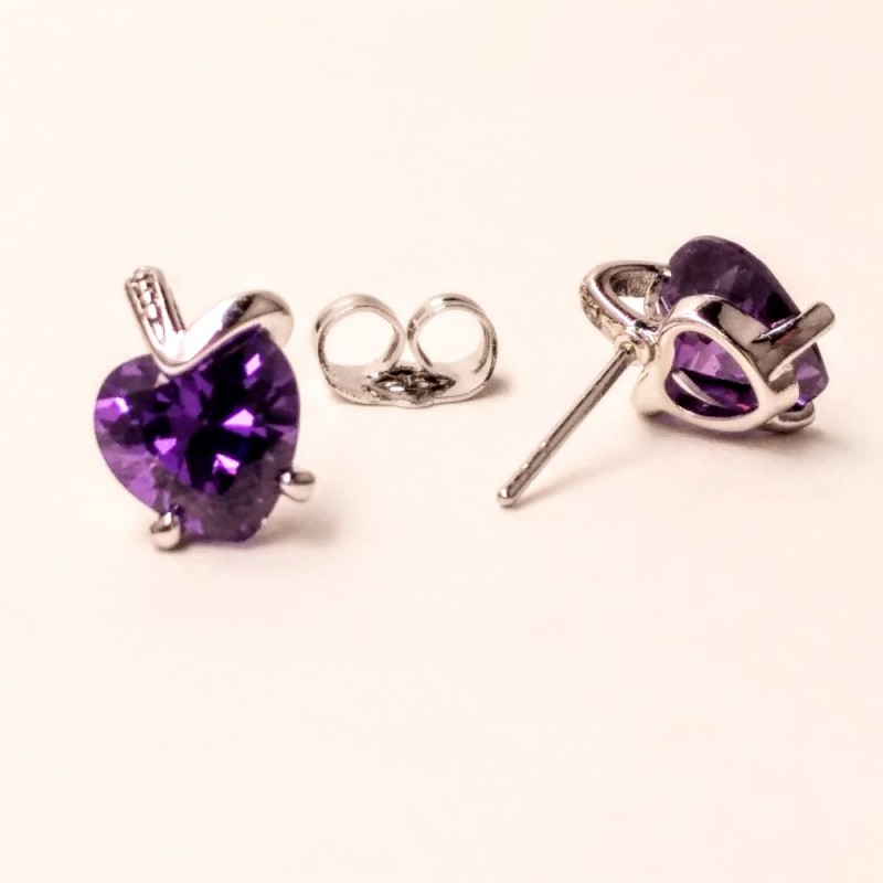 Xuping Ohrstecker Herz mit violettem Stein, Durchmesser 11 × 9 mm, Rhodiumbeschichtung