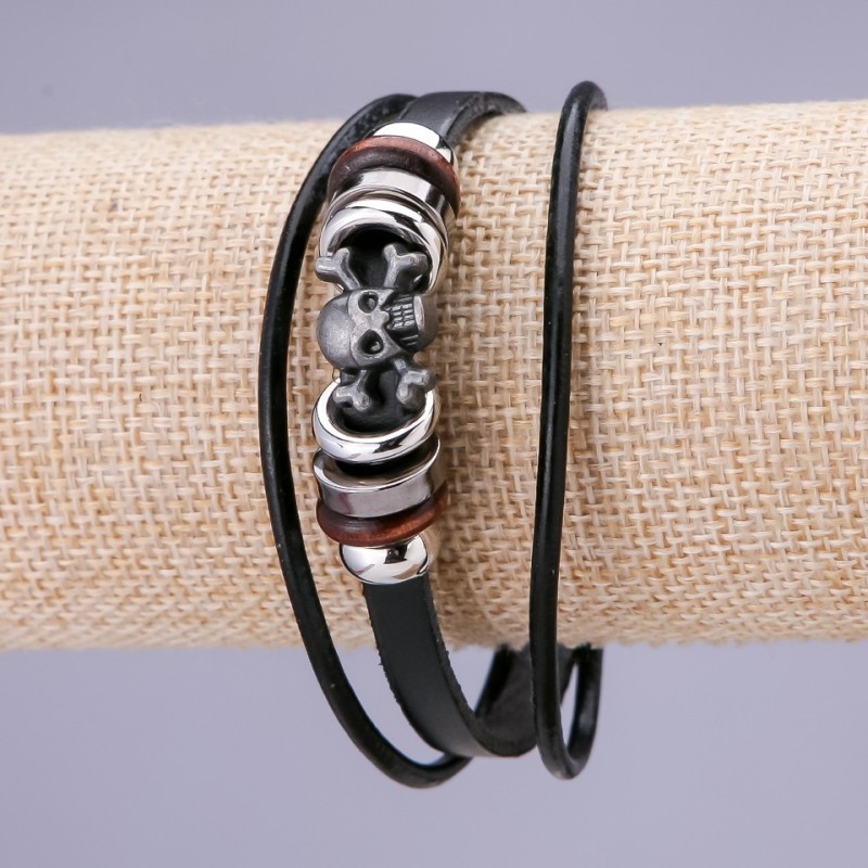 Schädelarmband, Länge 21 cm, Dicke 15 mm, schwarzes Öko-Leder