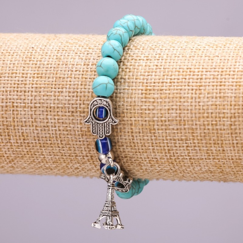 Armband mit Türkis und Turm-Anhänger, Durchmesser 8 mm, Länge 18 cm