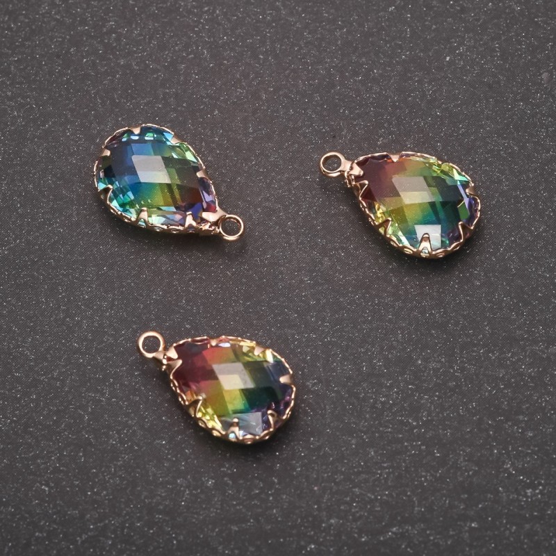 Anhänger „Tropfen“ in Regenbogenfarben, goldfarbene Fassung 10×17 mm