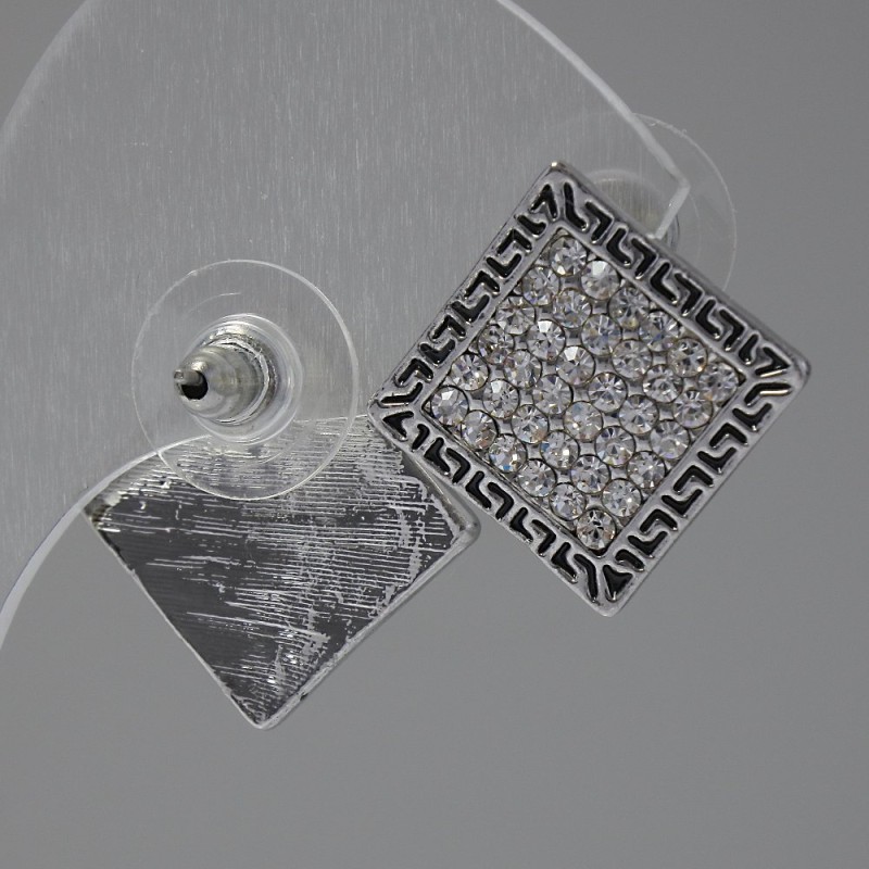 Ohrstecker 'Rhombus', weiße Strasssteine, Metall in Silberoptik, 2 cm