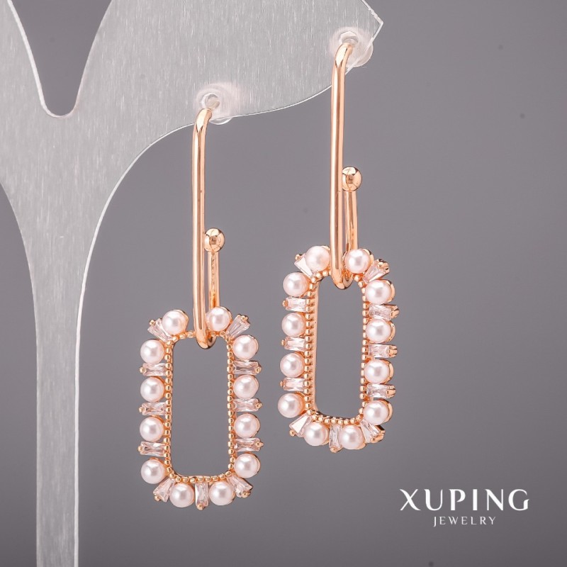 Xuping-Ohrringe mit weißen Steinen und Mallorca-Perlen, 16 x 48 mm, 18K-Vergoldung