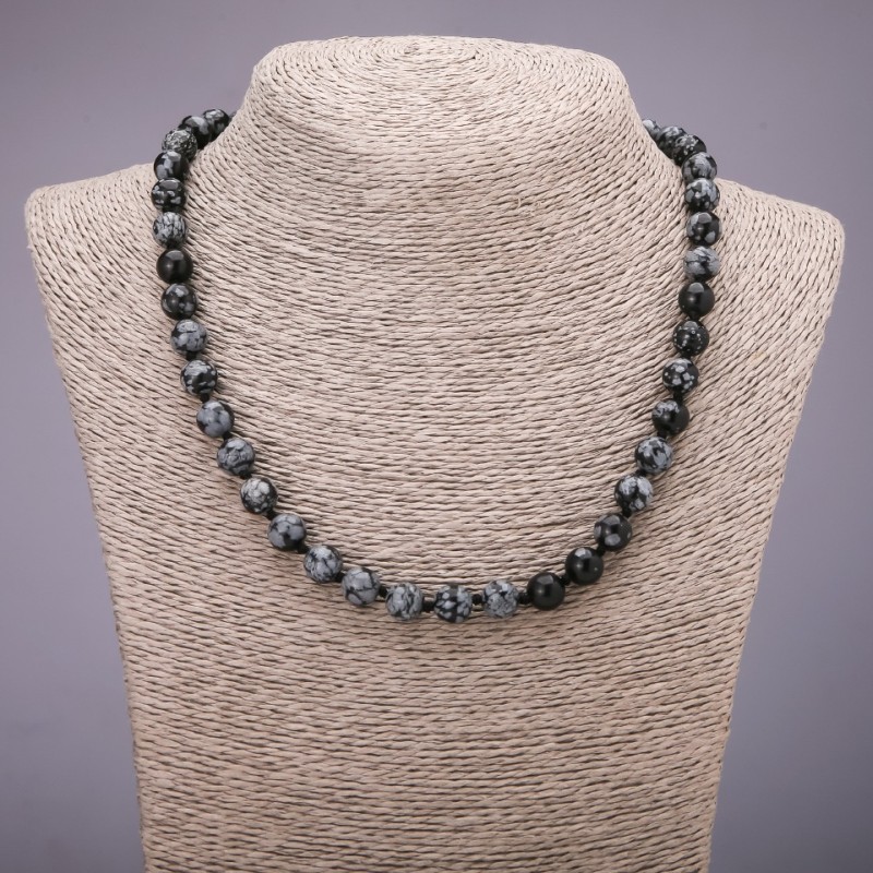 Halskette aus Schneeflocken-Obsidian mit Apache-Tränen, glatte Kugeln, Durchmesser 8 mm, Länge 48 cm