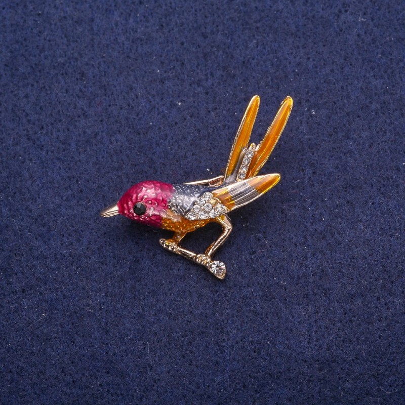 Brosche Vogel am Zweig, Emaille mit Strasssteinen, goldfarbenes Metall 34×33 mm