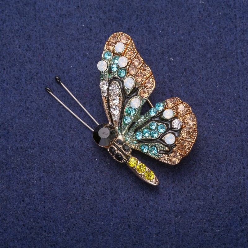 Brosche Schmetterling mit Strasssteinen, silberfarbenes Metall 31×41 mm
