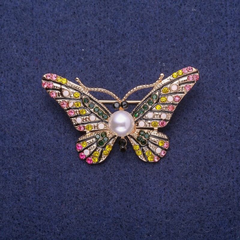 Brosche «Schmetterling» mit Perlmuttperle, aus Gelbmetall, 28×46 mm
