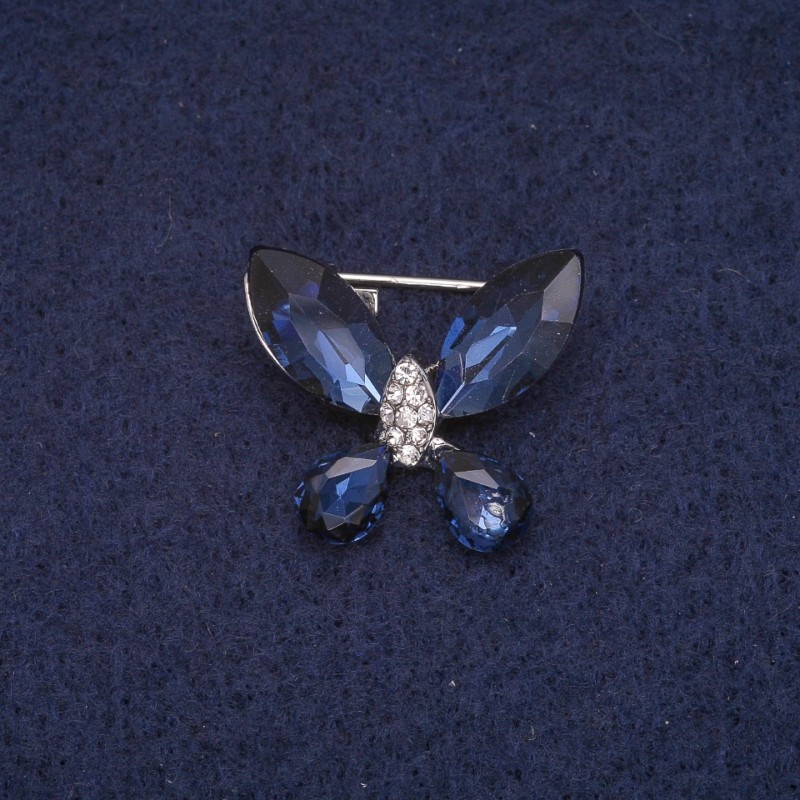 Schmetterling-Brosche mit Kristallen, silberfarbenes Metall 20 × 23 mm
