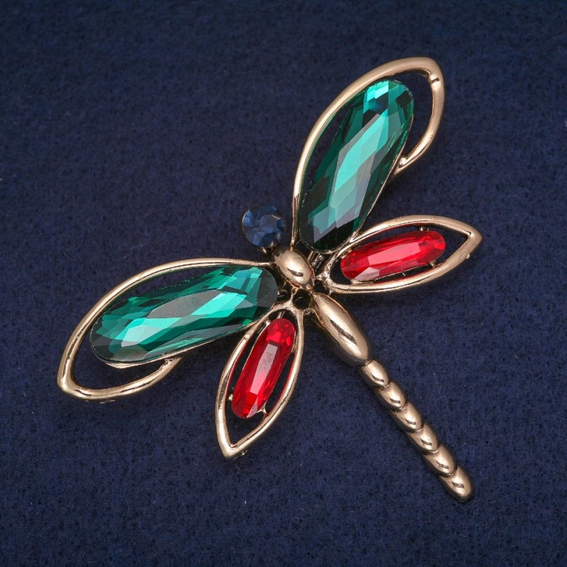 Brosche Libelle mit grünen, roten und blauen Kristallen, goldfarbenes Metall 54×71 mm