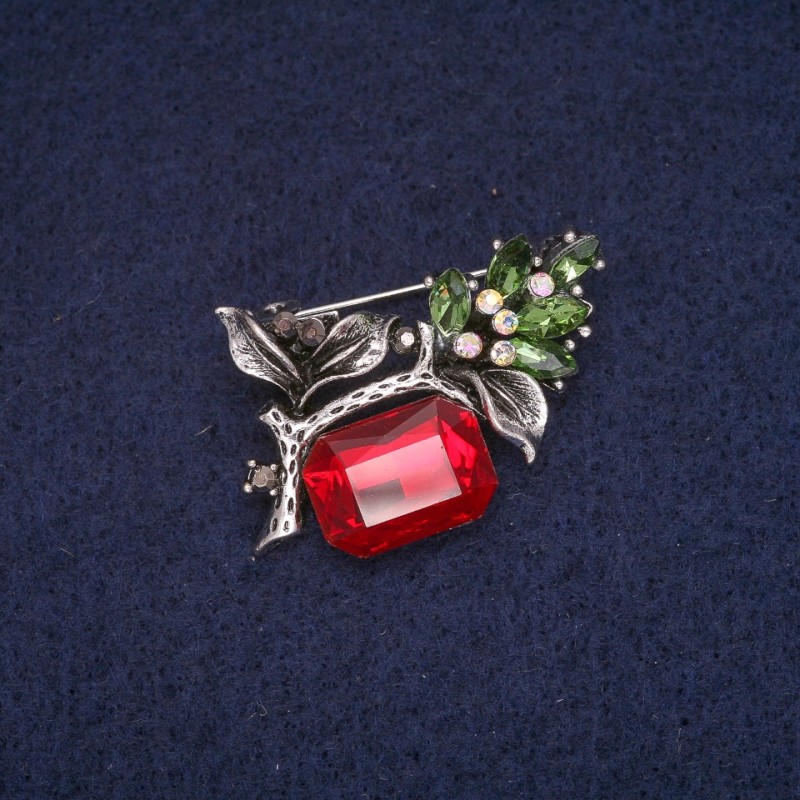 Brosche Ästchen mit roten und grünen Kristallen und Strasssteinen, graues Metall 25×34 mm