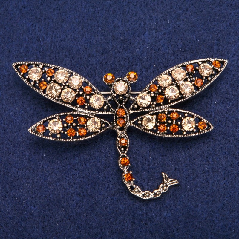 Brosche Libelle mit gelben Kristallen und goldfarbenem Metall, 45×74 mm