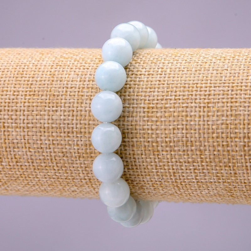 Armband aus natürlichem Aquamarin – glatte Kugel, Durchmesser ca. 10 mm, auf Elastikband, Länge 18 cm