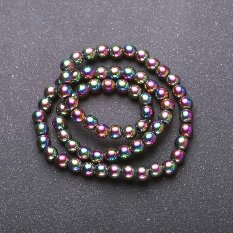 Hämatit-Perlen-Strang mit Regenbogenbeschichtung 'Benzin', glatte Kugeln, Durchmesser 8 mm, Länge 38 cm