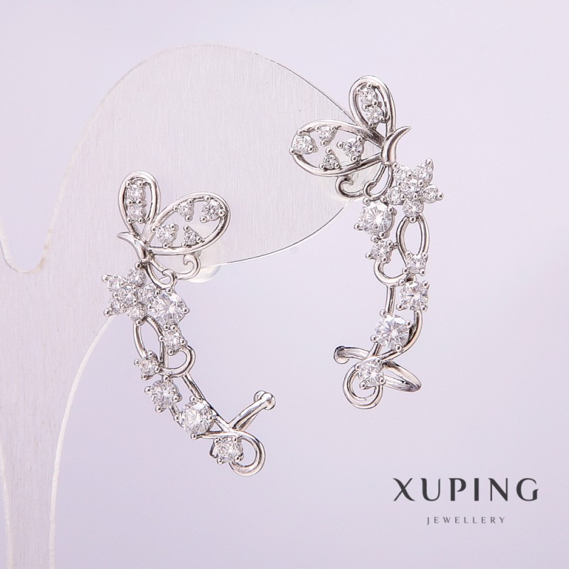 Ohrklemme Xuping – Rhodium-beschichtete Ohrklemme mit weißen Steinen, 33 × 12 mm