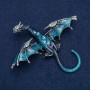 Brosche-Anhänger Drache, silberfarbenes Metall, blaue Emaille und petrolfarbene Strasssteine, 90×78 mm +