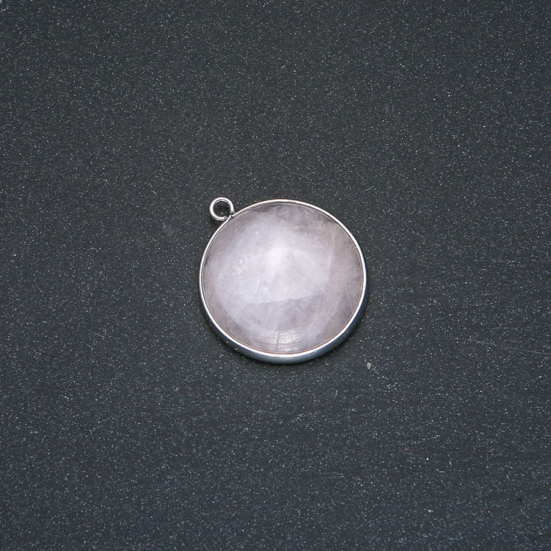 Anhänger Rosenquarz in silberfarbener Fassung, Durchmesser ca. 26 mm