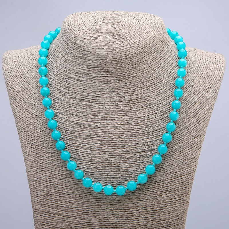 Aquamarin-Halskette aus Naturstein, glatte Kugel, Durchmesser ca. 8 mm, Länge 45 cm