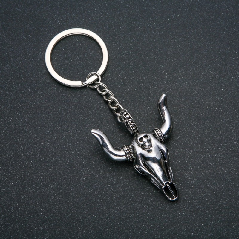 Schlüsselanhänger „Stier“, Durchmesser 47×38 mm, Länge ca. 10 cm – silberfarbenes Metall