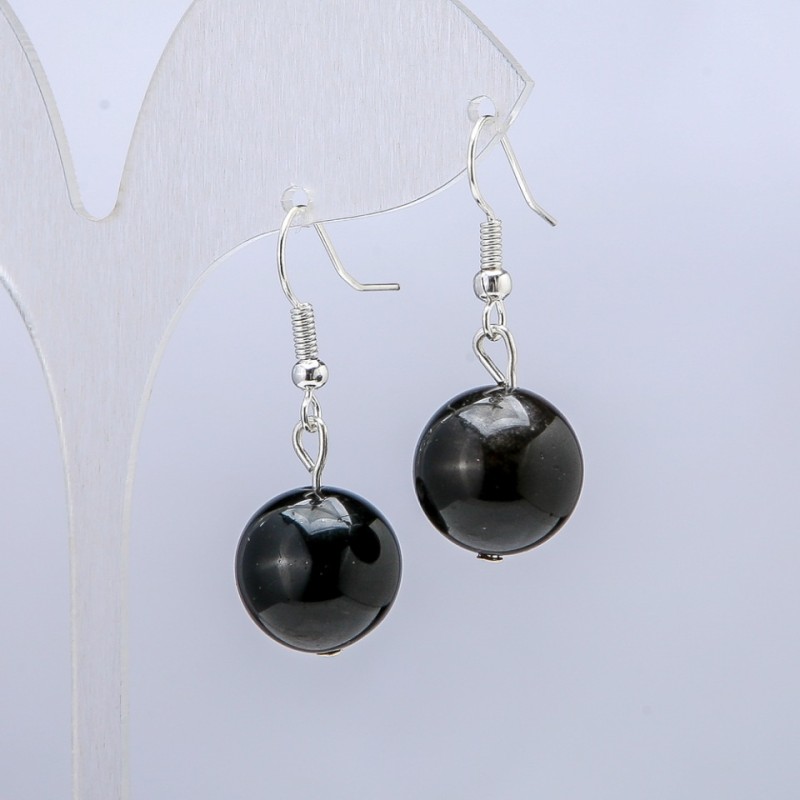 Ohrringe aus silberglänzendem Obsidian, Durchmesser ca. 14 mm, Länge ca. 30 mm