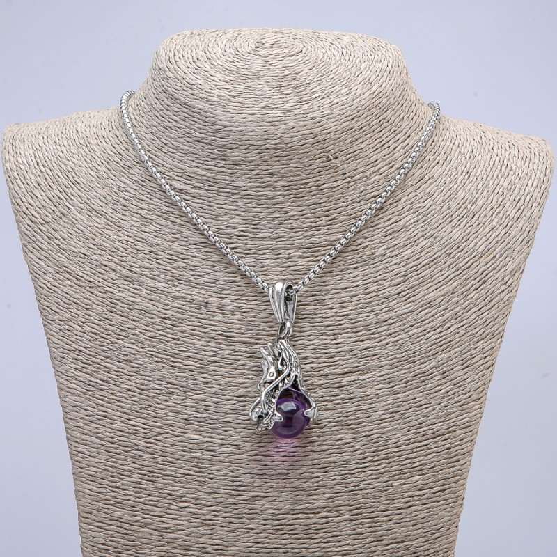 Anhänger Drachenkopf und violette Kugel, 22×51 mm – an einer Kette, Länge 65 cm, Metallfarbe Silber