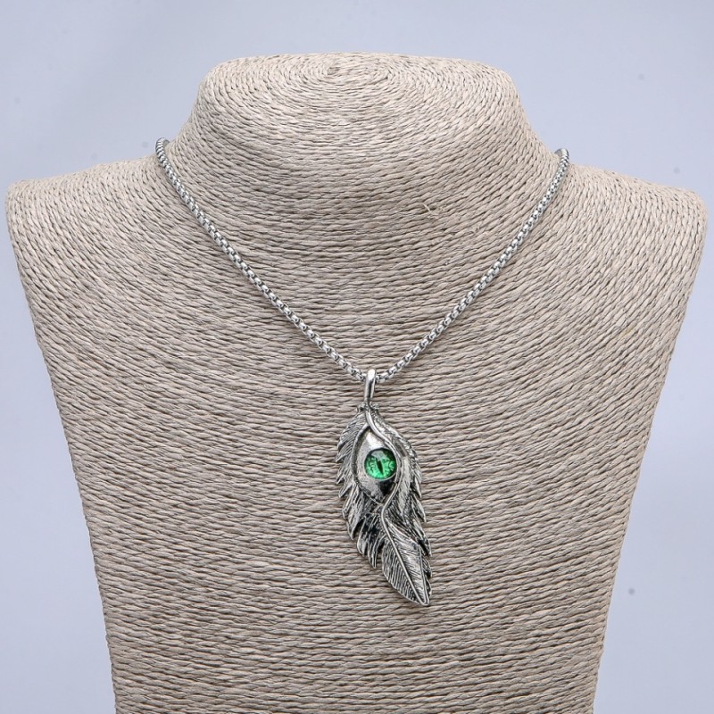 Anhänger „Feder mit Drachenauge“ 65 × 23 mm, mit Kette, Länge ca. 70 cm, silberfarbenes Metall