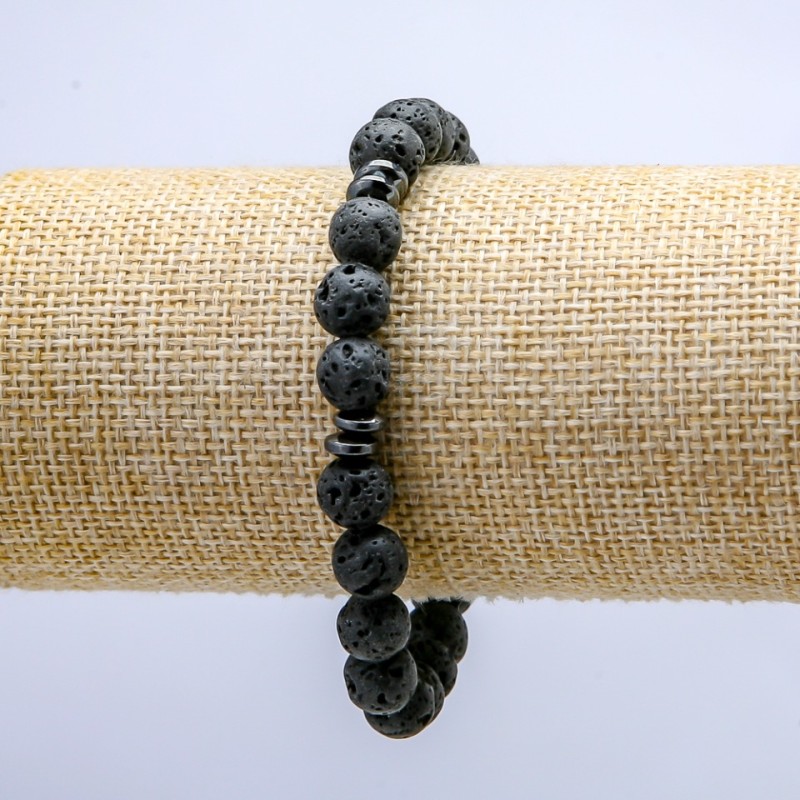 Elastisches Armband aus Lavastein, Ø ca. 8 mm, mit dunklen Einsätzen