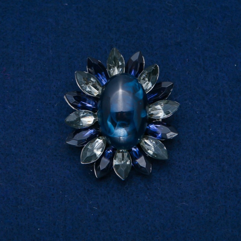 Brosche Blume 50 × 43 mm Cabochon-Achat, Farbe Blau, Grau, silberfarbenes Metall