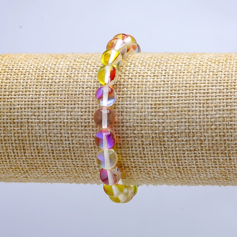 Opalglas-Armband gelb-rot Chamäleon auf elastischem Band, glatte Perlen Ø 8 mm, Länge 18 cm