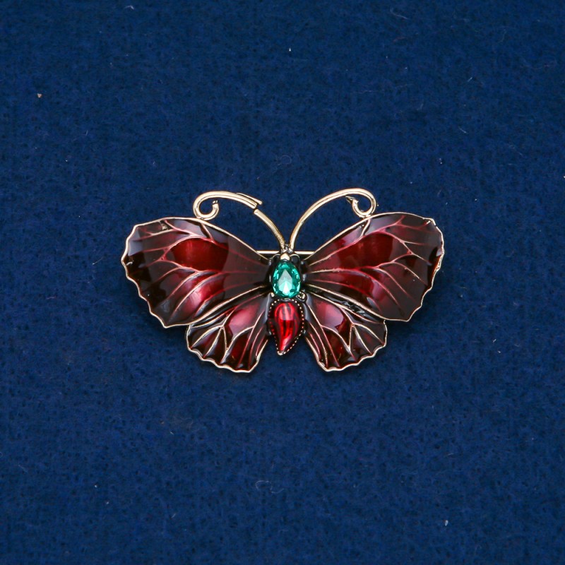 Brosche Schmetterling, goldfarbenes Metall, Emaille, grüner Strassstein 48 × 27 mm +