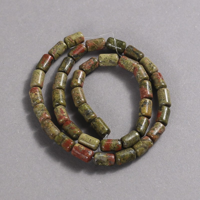 Perlen auf Schnur aus Naturstein Jaspis Heliotrop Unakit – glatte Zylinderperlen, Durchmesser 10x6 mm +/-, Länge ca. 41 cm +
