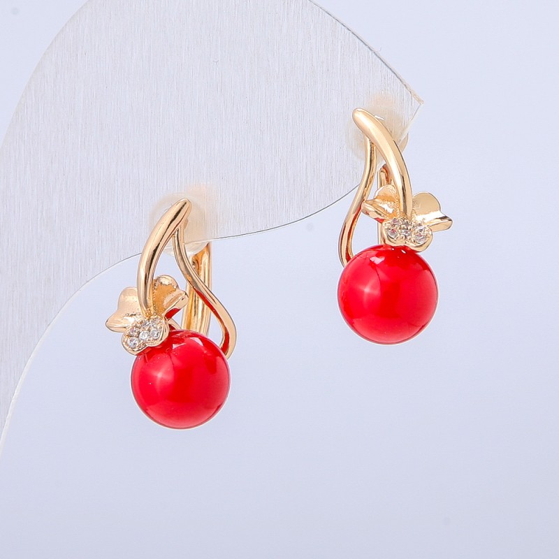 Ohrringe Xuping mit 18K-Vergoldung, weiße Strasssteine und rote Perle, Durchmesser 19x8 mm