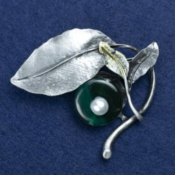 Brosche Ästchen mit Chrysopras und Seed-Beads, silberfarbiges Metall 60×67 mm +
