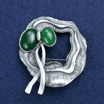 Brosche Schleife mit Chrysopras, silberfarbenes Metall 48×55 mm +