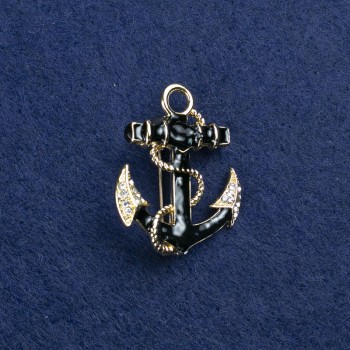 Brosche in Ankerform, goldfarbenes Metall, Emaille mit Perlmutt-Einschlüssen und Strasssteinen, 31 × 26 mm +