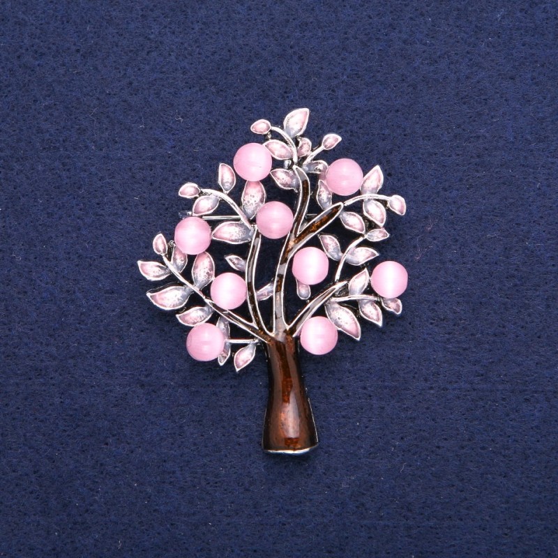 Brosche-Anhänger Baum des Katzenauges mit rosa und brauner Emaille, silberfarbenes Metall 43×54 mm